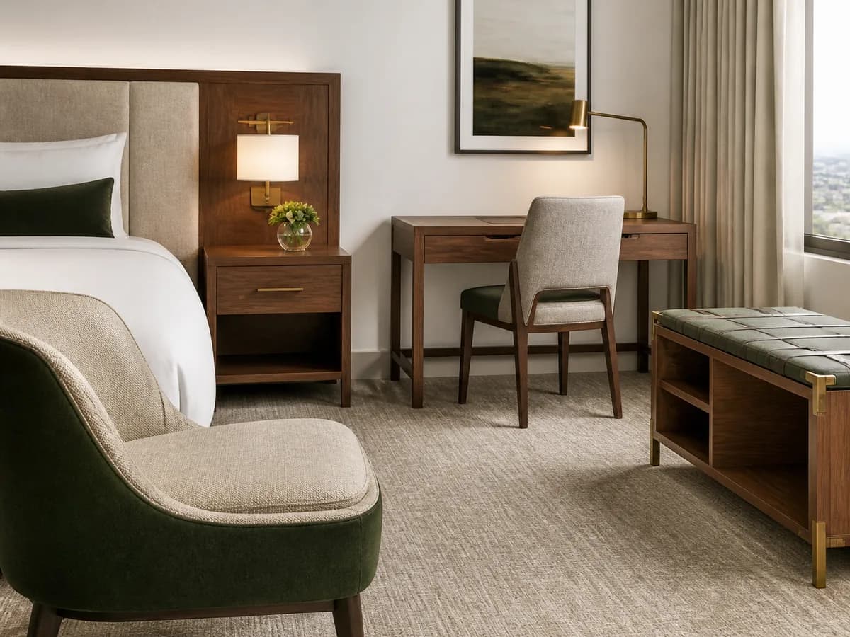 Hospitality guestroom furniture and casegoods arranged in a refined hotel room